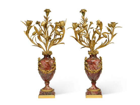 A PAIR OF NAPOLEON III ORMOLU-MOUNTED RED AND GREY MARBLE THREE-LIGHT CANDELABRA - photo 1