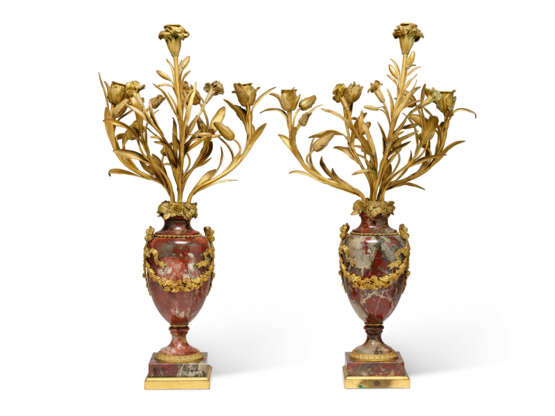 A PAIR OF NAPOLEON III ORMOLU-MOUNTED RED AND GREY MARBLE THREE-LIGHT CANDELABRA - photo 2