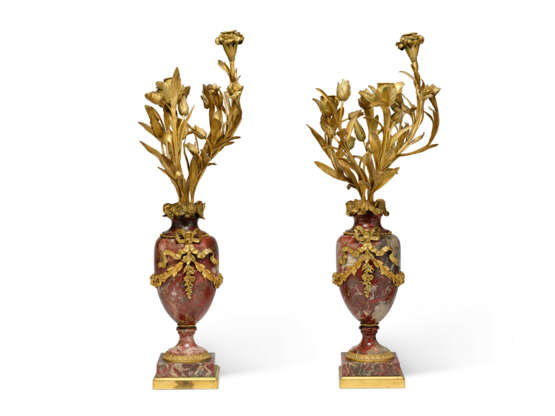 A PAIR OF NAPOLEON III ORMOLU-MOUNTED RED AND GREY MARBLE THREE-LIGHT CANDELABRA - photo 3