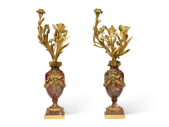 A PAIR OF NAPOLEON III ORMOLU-MOUNTED RED AND GREY MARBLE THREE-LIGHT CANDELABRA - photo 4