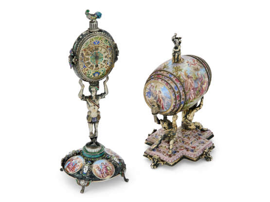AN AUSTRIAN SILVER-GILT AND ENAMEL FIGURAL TABLE CLOCK AND SCENT BARREL - photo 1