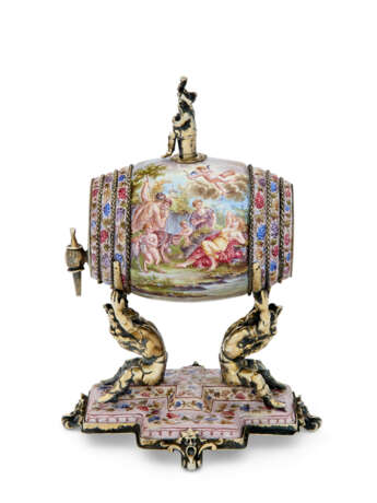 AN AUSTRIAN SILVER-GILT AND ENAMEL FIGURAL TABLE CLOCK AND SCENT BARREL - photo 4