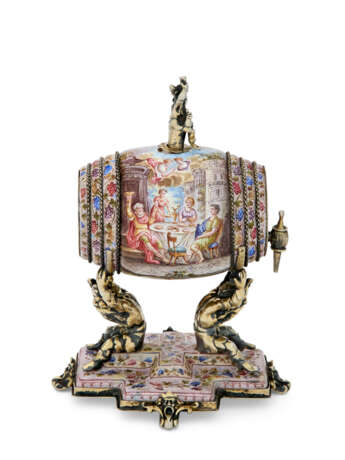 AN AUSTRIAN SILVER-GILT AND ENAMEL FIGURAL TABLE CLOCK AND SCENT BARREL - photo 5