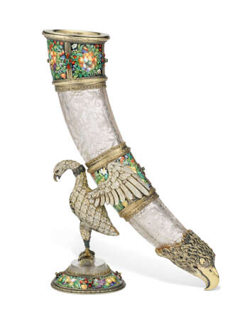 AN AUSTRIAN SILVER AND ENAMEL-MOUNTED ROCK CRYSTAL CORNUCOPIA - Foto 1