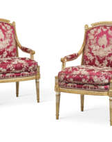 A PAIR OF LOUIS XVI WHITE-PAINTED AND PARCEL-GILT WALNUT FAUTEUILS