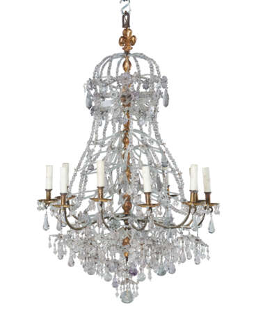 A LOUIS XIV STYLE GILTWOOD, ORMOLU, CUT AND MOLDED GLASS AND ROCK CRYSTAL TEN-LIGHT ‘EN LACÉ’ CHANDELIER - фото 1