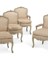 A SET OF FOUR LOUIS XV GREY AND BLUE-PAINTED FAUTEUILS