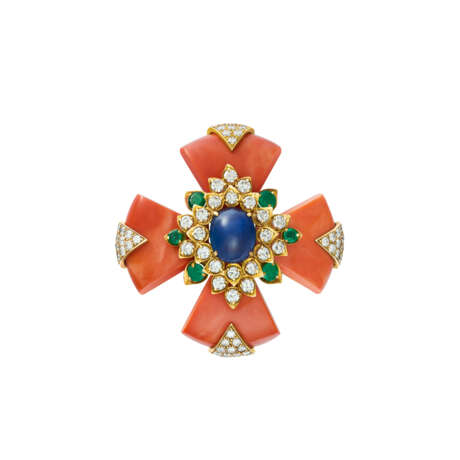 DAVID WEBB MULTI-GEM AND DIAMOND MALTESE CROSS PENDANT BROOCH - Foto 1