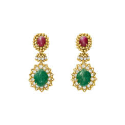 DAVID WEBB CARVED EMERALD, RUBY AND DIAMOND PENDANT EARRINGS