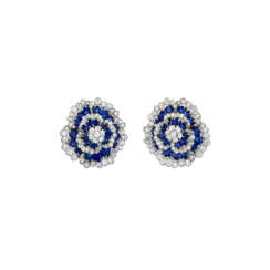 VAN CLEEF & ARPELS SAPPHIRE AND DIAMOND 'CAMELLIA' EARRINGS