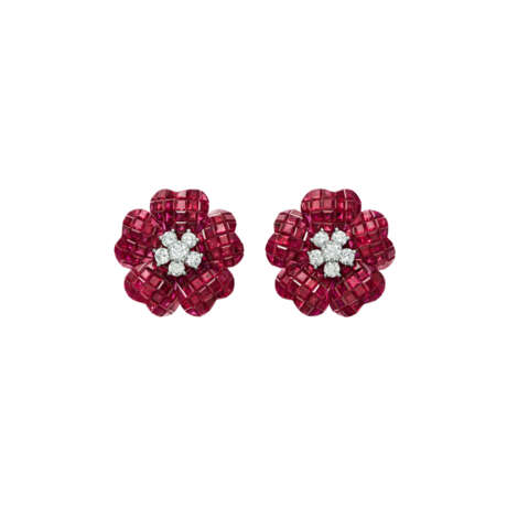 OSCAR HEYMAN & BROTHERS RUBY AND DIAMOND FLOWER EARRINGS - photo 1