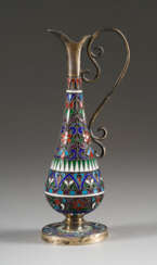 A MINIATURE SILVER AND CLOISONNÉ ENAMEL DECANTER
