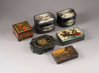A COLLECTION OF SIX PAPIER-MACHÉ AND LACQUER BOXES DEPICTING LANDSCAPES AND FLORAL MOTIFS