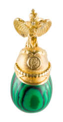 A SILVER-GILT AND MALACHITE EGG PENDANT IN THE FORM OF THE PARADE HELMET OF THE IMPERIAL