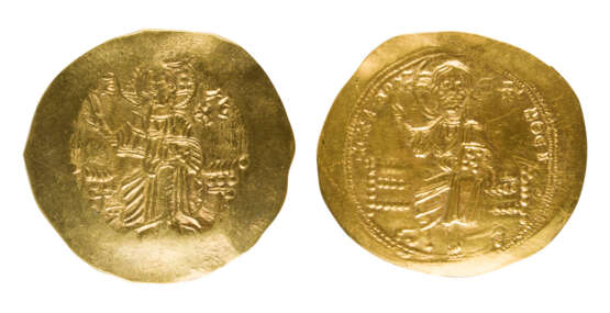 TWO GOLD COINS SHOWING CHRIST PANTOKRATOR AND STS. CONSTANTINE AND HELENA - photo 1