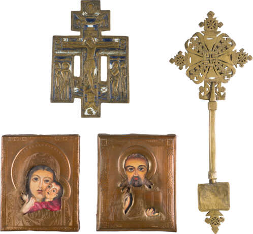 A COLLECTION OF FOUR RELIGIOUS PIECES: A COPTIC HAND CROSS, A BRASS AND ENAMEL CRUCIFIX - photo 1