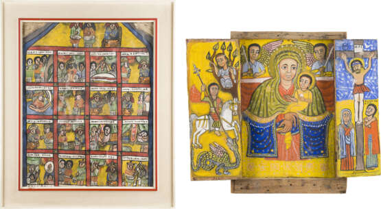 TWO COPTIC ICONS: A TRIPTYCH SHOWING THE MOTHER OF GOD AND A VITA ICON OF A SAINT - фото 1