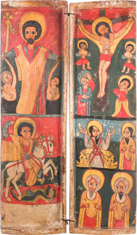 A PAIR OF LARGE WINGS FROM A COPTIC TRIPTYCH SHOWING THE CRUCIFIXION AND SELECTED SAINTS - photo 1