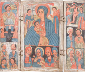A COPTIC TRIPTYCH SHOWING THE MOTHER OF GOD, THE DESCENT INTO HELL, THE CRUCIFIXION AND