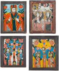 FOUR REVERSE PAINTINGS ON GLASS: THE ANNUNCIATION, THE CRUCIFIXION OF CHRIST AND STS.