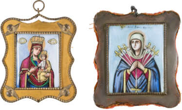 TWO FINIFT ENAMEL ICONS SHOWING THE MOTHER OF GOD 'OF THE SEVEN SORROWS' AND THE MOTHER OF