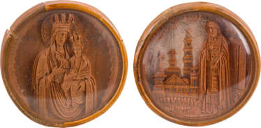 TWO SMALL CARVED MEDALLIONS SHOWING ST. SERGEY OF RADONEZH AND THE MOTHER OF GOD OF