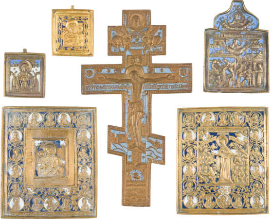 A COLLECTION OF SIX BRASS ICONS DEPICTING IMAGES OF THE MOTHER OF GOD AND A CRUCIFIX - photo 1