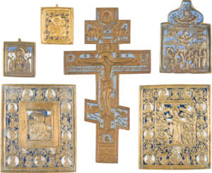 A COLLECTION OF SIX BRASS ICONS DEPICTING IMAGES OF THE MOTHER OF GOD AND A CRUCIFIX