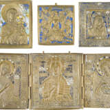 A COLLECTION OF FOUR BRASS ICONS INCLUDING IMAGES OF THE MOTHER OF GOD AND A TRIPTYCH - photo 1