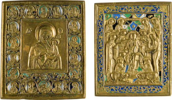 TWO BRASS AND ENAMEL ICONS DEPICTING THE EXTENDED DEISIS AND TIKHVINSKAYA MOTHER OF GOD - photo 1