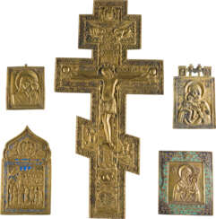 A COLLECTION OF FIVE BRASS ICONS INCLUDING CRUCIFIX AND IMAGES OF THE MOTHER OF GOD