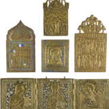 A COLLECTION OF FIVE BRASS ICONS INCLUDING IMAGES OF THE MOTHER OF GOD AND A TRIPTYCH - photo 1