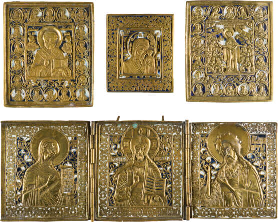 A COLLECTION OF FOUR BRASS ICONS INCLUDING IMAGES OF THE MOTHER OF GOD, ST. NICHOLAS OF - photo 1