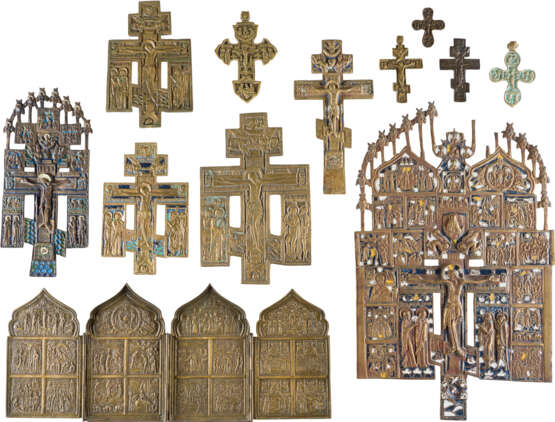 A COLLECTION OF TWELVE BRASS ICONS INCLUDING CRUCIFIXES AND A TETRAPTYCH SHOWING - photo 1