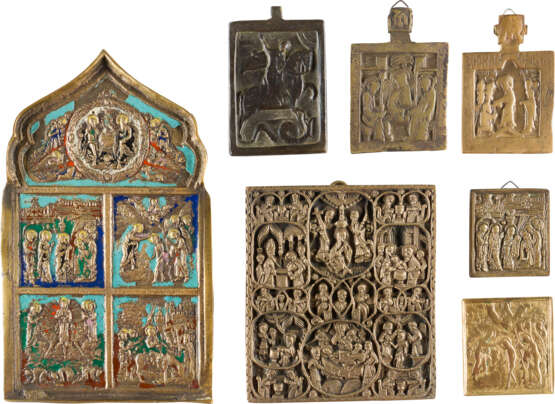 A COLLECTION OF SEVEN BRASS ICONS DEPICTING ST. GEORGE KILLING THE DRAGON AND LITURGICAL - photo 1
