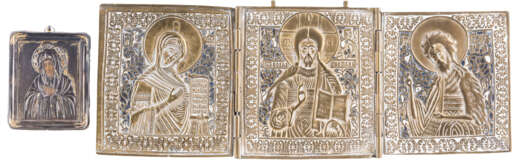 A BRASS AND ENAMEL TRIPTYCH SHOWING THE DEISIS AND A MINIATURE ICON SHOWING THE MOTHER OF - фото 1