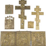 A COLLECTION OF SIX BRASS ICONS INCLUDING CRUCIFIXES, IMAGES OF THE MOTHER OF GOD AND A - photo 1
