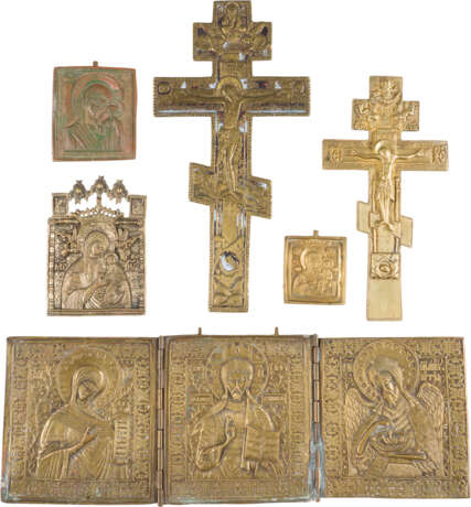 A COLLECTION OF SIX BRASS ICONS INCLUDING CRUCIFIXES, IMAGES OF THE MOTHER OF GOD AND A - photo 1
