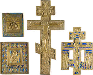 A COLLECTION OF FOUR BRASS ICONS INCLUDING CRUCIFIXES, CHRIST, THE BLESSED SILENCE AND 'DO