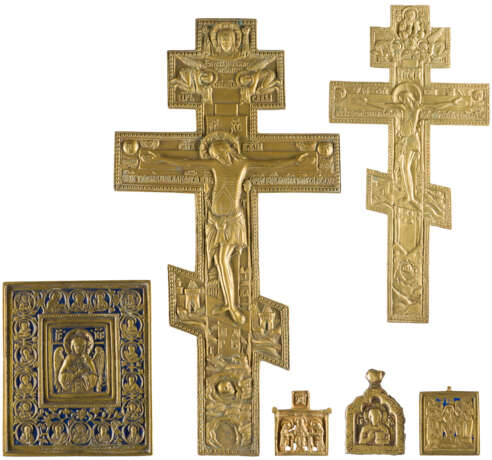 A COLLECTION OF SIX BRASS ICONS DEPICTING CRUCIFIXES, DEISIS AND CHRIST, THE BLESSED - photo 1