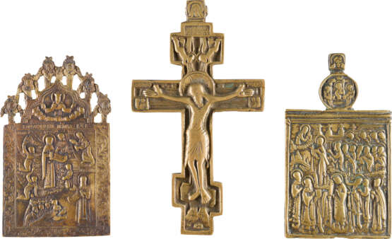 SAMMLUNG VON DREI BRONZE-IKONEN: SELTENE IKONE MIT DER GOTTESMUTTER 'BOGOLUBSKAJA', SCHLEIERWUNDER ( - Foto 1