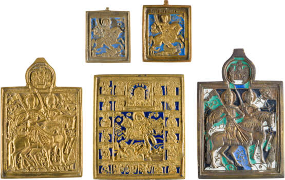 A COLLECTION OF FIVE BRASS ICONS DEPICTING STS. BORIS AND GLEB, ST. DEMETRIUS AND ST. - photo 1