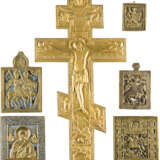 A COLLECTION OF SIX BRASS ICONS DEPICTING CRUCIFIX, THE WARRIOR SAINTS AND ST. NICHOLAS OF - photo 1