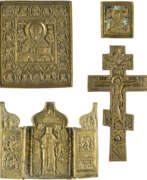 Aperçu. A COLLECTION OF FOUR BRASS ICONS DEPICTING CRUCIFIX AND ST. NICHOLAS