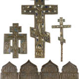 A COLLECTION OF FOUR BRASS ICONS INCLUDING CRUCIFIXES AND A TETRAPTYCH SHOWING LITURGICAL - photo 1