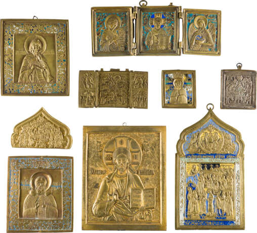 A COLLECTION OF NINE BRASS ICONS INCLUDING IMAGES OF CHRIST, SELECTED SAINTS, LITURGICAL - фото 1