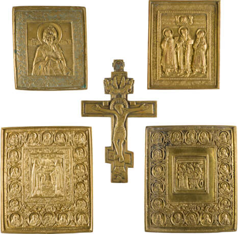 A COLLECTION OF FIVE BRASS ICONS DEPICTING CRUCIFIX AND SELECTED SAINTS - photo 1