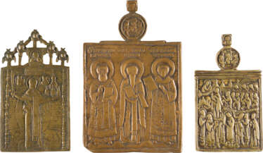 A COLLECTION OF THREE BRASS ICONS DEPICTING THE PROTECTING VEIL (POKROV) AND SELECTED