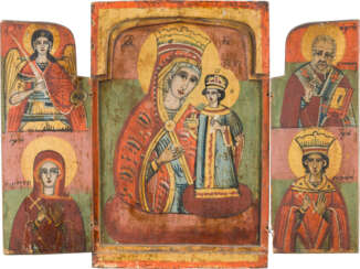 A TRIPTYCH SHOWING THE MOTHER OF GOD 'THE UNFADING ROSE' AND SELECTED SAINTS