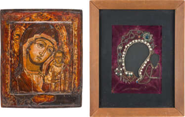 AN ICON SHOWING THE KAZANSKAYA MOTHER OF GOD WITH A VELVET COVER EMBROIDERED